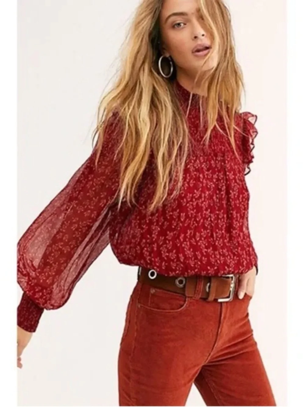 Free People Red Floral Smocked Blouse Ruffle Sleeve Boho Top S